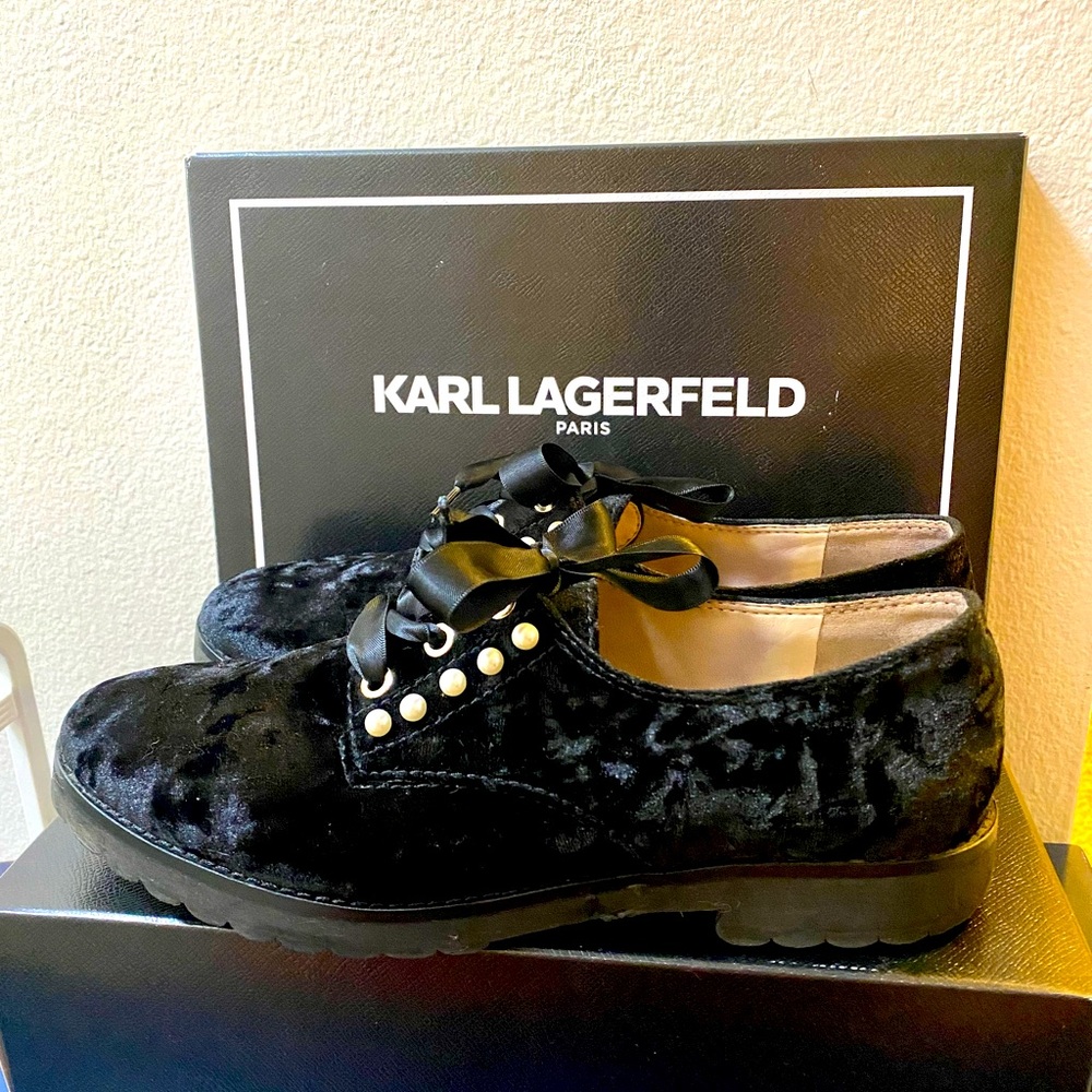 Karl Lagerfeld Paris Velvet Pearl Studded Loafers